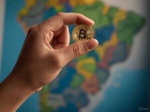 Una mano sosteniendo un bitcoin y al fondo aparece un mapa de Brasil.