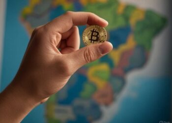 mapa de Brasil de fondo y una mano sosteniendo un bitcoin.