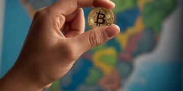 mapa de Brasil de fondo y una mano sosteniendo un bitcoin.