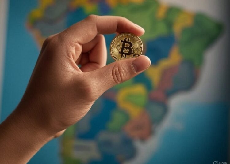 Una mano sosteniendo un bitcoin y al fondo aparece un mapa de Brasil.