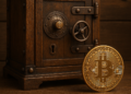 Una moneda de BTC junto a una bóveda de madera.
