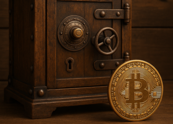 Una moneda de BTC junto a una bóveda de madera.