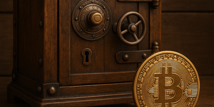 Una moneda de BTC junto a una bóveda de madera.