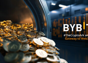 boveda abierta con monedas ddesbordandose con centro de datos y almacenamiento en el fondo acompañado del logo de bybit