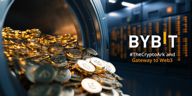 boveda abierta con monedas ddesbordandose con centro de datos y almacenamiento en el fondo acompañado del logo de bybit