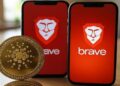 Dos celulares con el logo de Brave en la pantalla junto a una moneda dorada con el logo de Cardano.