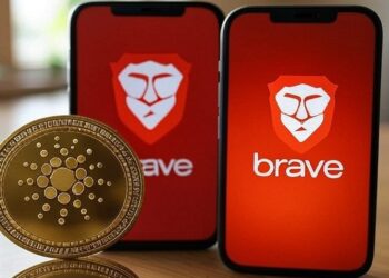 Dos celulares con el logo de Brave en la pantalla junto a una moneda dorada con el logo de Cardano.