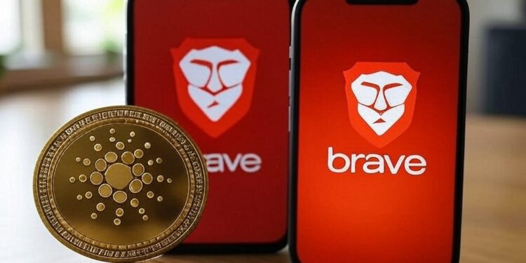 Dos celulares con el logo de Brave en la pantalla junto a una moneda dorada con el logo de Cardano.