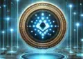 El logo de Cardano rodeado de un diseño de circuitos electrónicos y ondas futuristas.