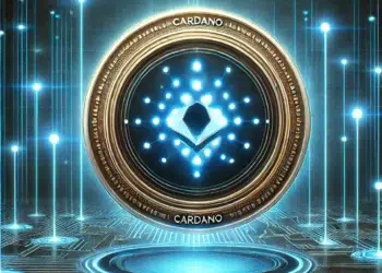El logo de Cardano rodeado de un diseño de circuitos electrónicos y ondas futuristas.