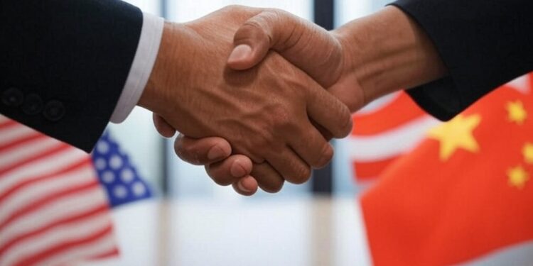 dos manos estrechándose y de fondos las banderas chinas y de estados unidos