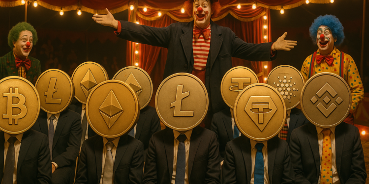 Varias criptomonedas humanizadas dentro de un circo.