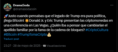 Un usuario de X deja un comentario sobre la participación de políticos en la Bitcoin Conference 2025.