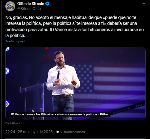 Comentario de un usuario de la red social X sobre la presencia de JD Vance en la Bitcoin Conference 2025.