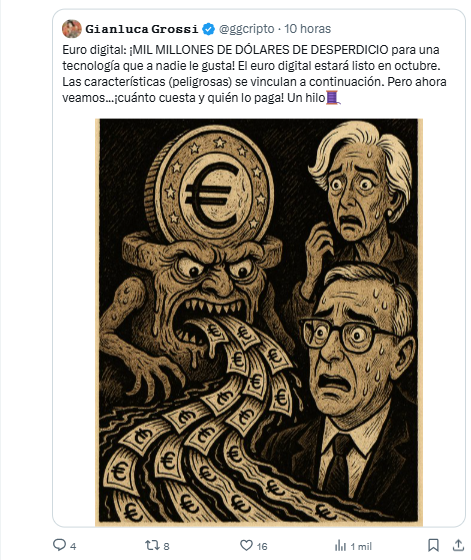 Un comentario de un analista en x observa que el euro digital costará millones.