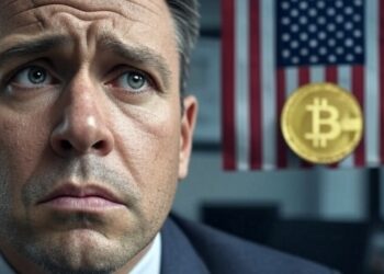 Una persona afrontando una crisis con la bandera de EE. UU. en el fondo y el logo de Bitcoin.