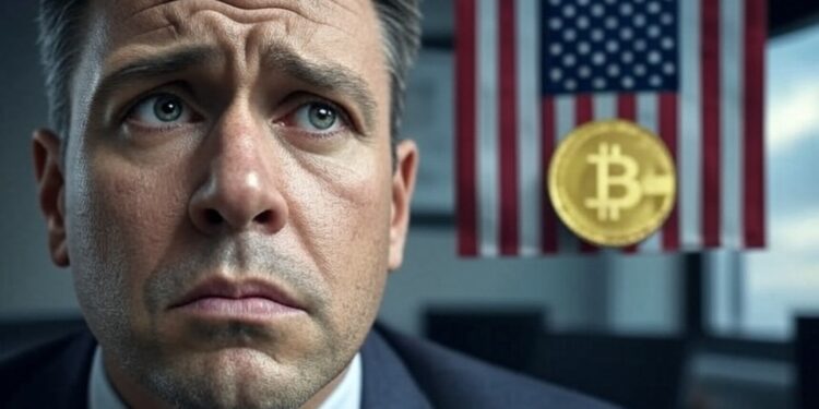 Una persona afrontando una crisis con la bandera de EE. UU. en el fondo y el logo de Bitcoin.