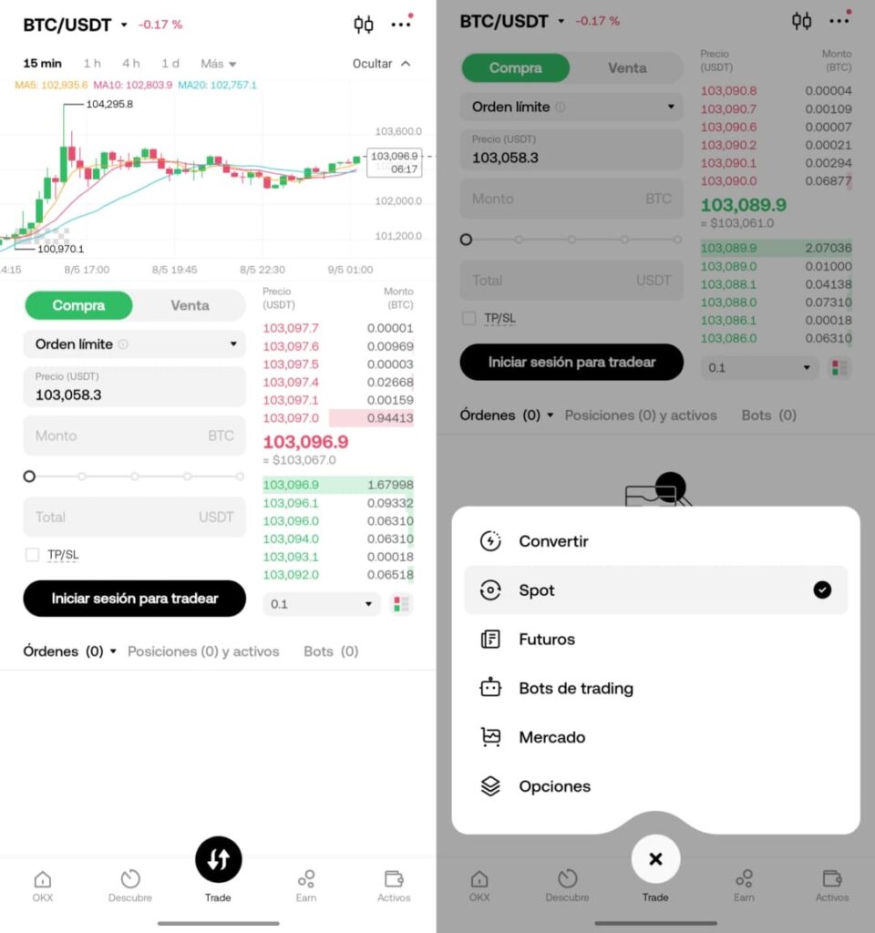 Captura de pantalla de la app móvil de OKX mostrando la interfaz de trading con opciones para operar