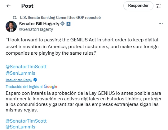 Post de  BIll Hagerty sobre su confianza en la Ley GENIUS