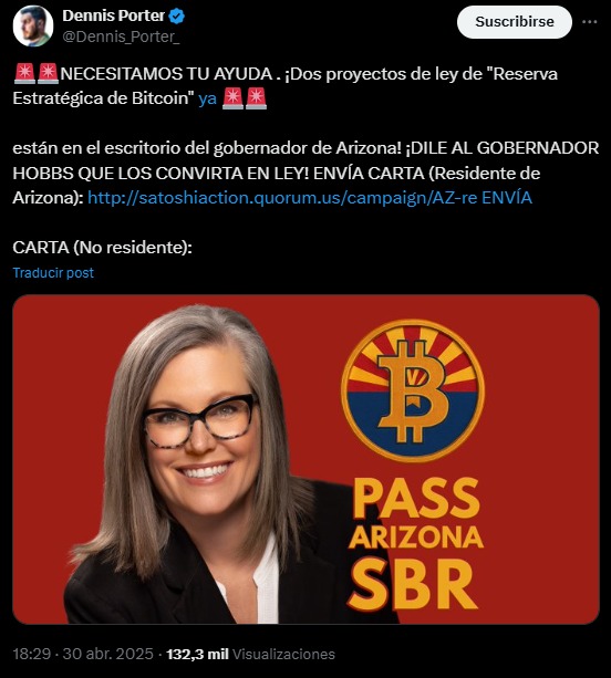 Solicitud de aprobación de la ley de reserva estratégica de Dennis Porter a la gobernadora Katie Hobbs de Arozona en X