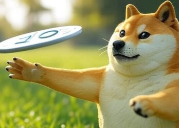 Un perro shiba inu atrapa un frisbee.