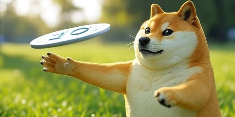 Un perro shiba inu atrapa un frisbee.