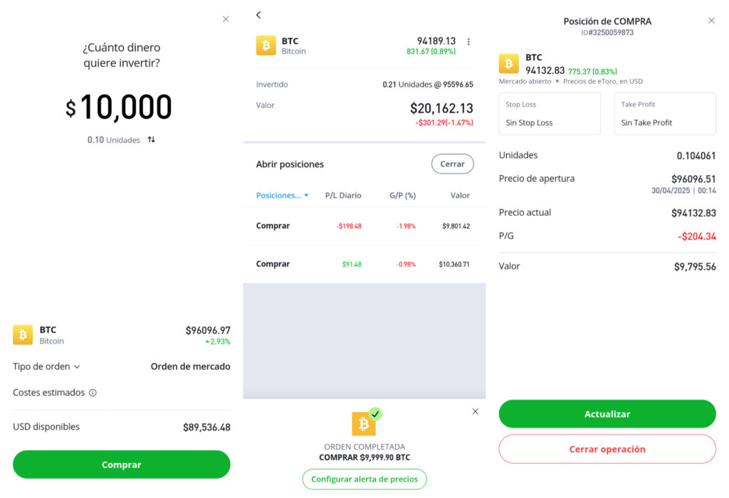 Interfaz del broker eToro procesando una compra de bitcoin, orden de mercado y precio en tiempo real