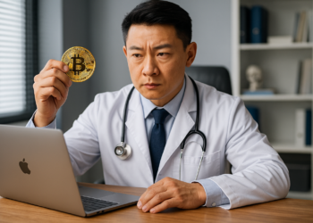 Un médico sentado frente a una computadora, con una moneda física de bitcoin en su mano.