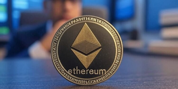 Imagen de moneda de ETH y analista detrás.