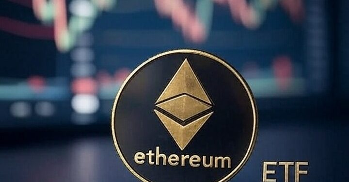 moneda de Ethereum con un gráfico de fondo.