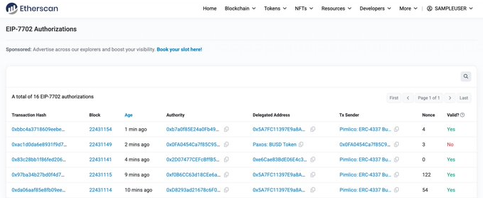 Imagen con transacciones de la EIP-7702 de Ethereum, según etherscan.