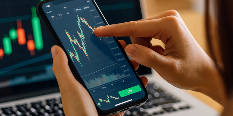 Una persona usando un exchange desde el celular frente a una laptop con gráficos financieros.