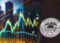 Gráfico de precio genérico y teléfono móvil con el logo de la Fed.