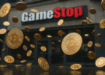 Lluvia de bitcoin sobre una tienda de GameStop.