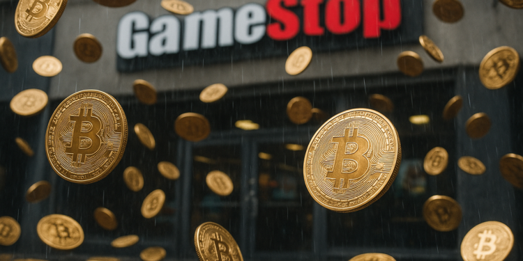 Lluvia de bitcoin sobre una tienda de GameStop.