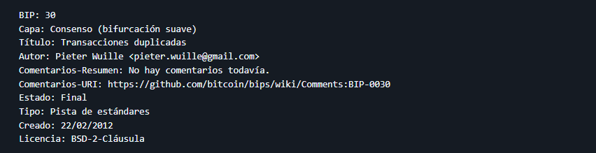 Imagen del Github con los datos de la BIP-30.