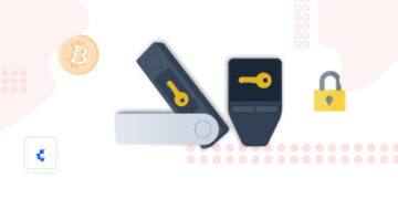 Dos dibujos de Hardware Wallet con una llave amarilla en ellas y una moneda de bitcoin y un candado amarillo a sus lados.