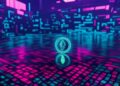 Una moneda de Ethereum con un fondo azul y violeta simulando la red Ethereum en funcionamiento.
