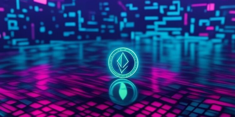 Una moneda de Ethereum con un fondo azul y violeta simulando la red Ethereum en funcionamiento.