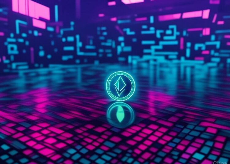 Una moneda de Ethereum con un fondo azul y violeta simulando la red Ethereum en funcionamiento.
