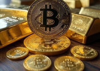 Una moneda de bitcoin rodeada de lingotes de oro.