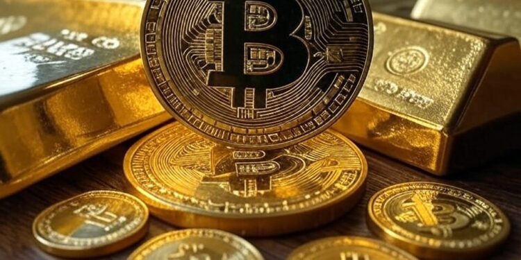 Una moneda de bitcoin rodeada de lingotes de oro.