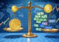 Una balanza estilizada en el centro, con un lado sosteniendo una moneda dorada de Bitcoin brillante y el otro lado con íconos representativos de acciones