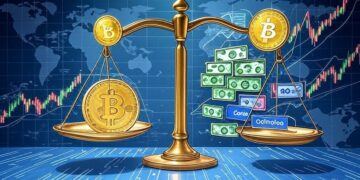 Una balanza estilizada en el centro, con un lado sosteniendo una moneda dorada de Bitcoin brillante y el otro lado con íconos representativos de acciones