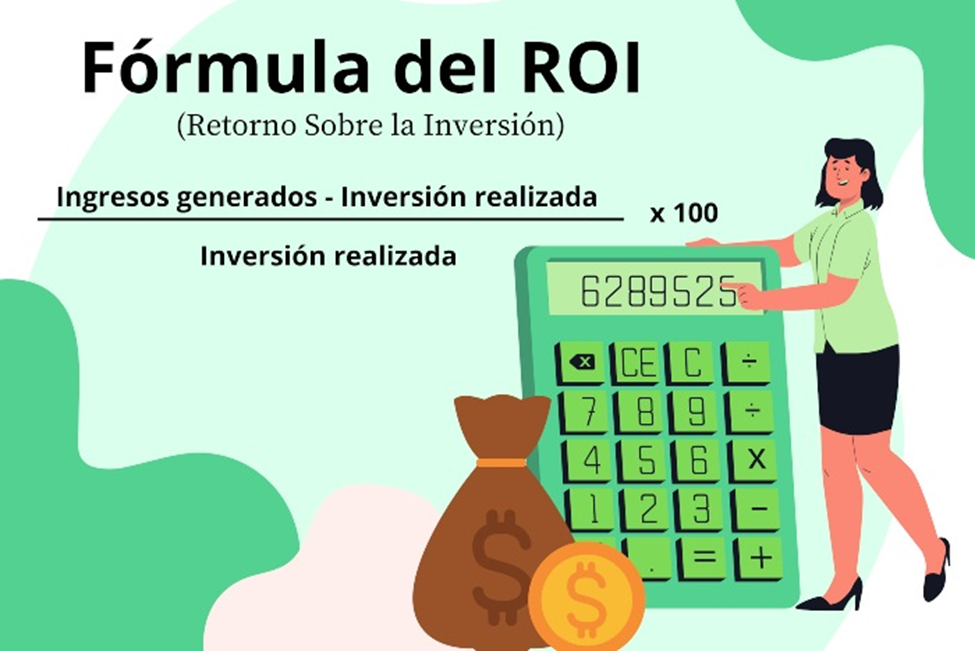 en la imagen, fórmula del ROI con ilustración: ingresos generados menos inversión realizada, dividido entre inversión realizada, multiplicado por 100; acompañada de una mujer junto a una calculadora y símbolos de dinero.