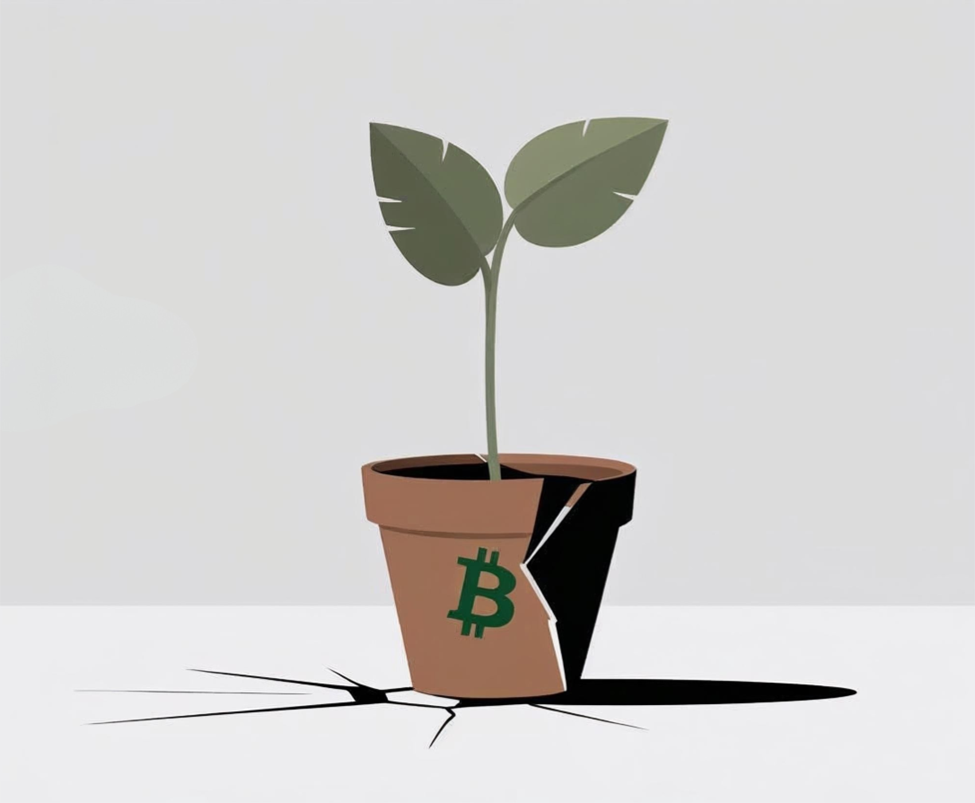 En la imagen, una planta con una maceta con el símbolo de BTC. La maceta está quebrada, lo que representa los errores al momento de aplicar el ROI.