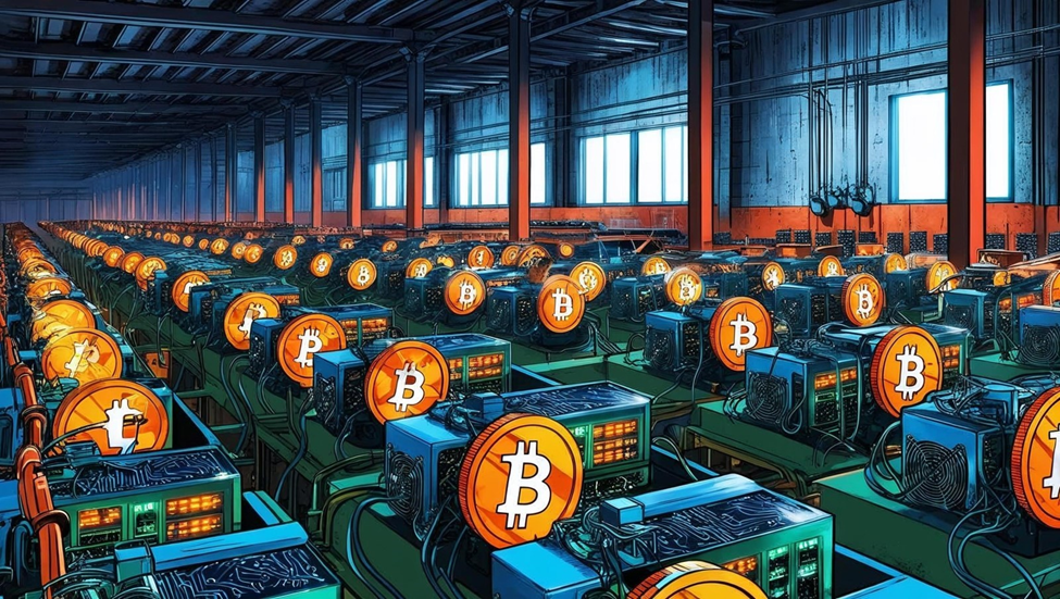 En la imagen, muchos mineros produciendo bitcoin. Se trata de una animación, una representación de la minería. Fue generada con IA.