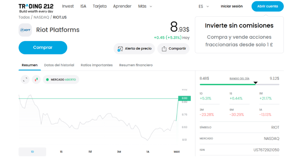 En la imagen se muestra cómo funciona la plataforma web de Trading 212, la cual te permite elegir las acciones de Riot Platforms y comprarlas.