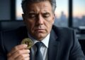 Un hombre con una moneda dorada de bitcoin en la mano.