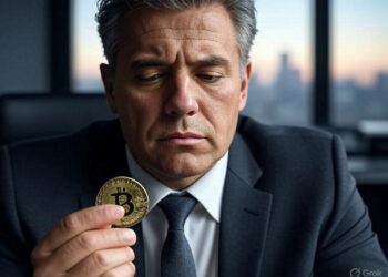 Un hombre con una moneda dorada de bitcoin en la mano.